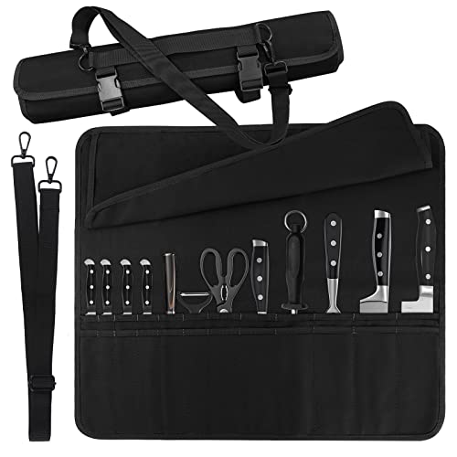 Chef Knife Bag With 24 Slots Cutlery Knives Holders Protectors,Kitchen Travel Cooking Tools, Portable Canvas Knife Roll Storage Bag Chef Case for Camping or Working with An Adjustable Shoulder Strap