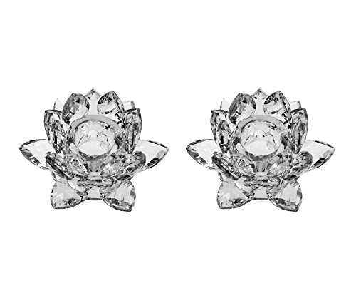 Amlong Crystal 3 inch Clear Lotus Candlesticks Holder, Set of 2