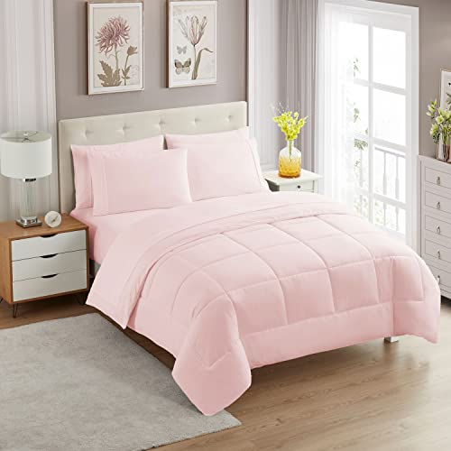 Sweet Home Collection 5 Piece Comforter Set Bag Solid Color All Season Soft Down Alternative Blanket & Luxurious Microfiber Bed Sheets, Pale Pink, Twin