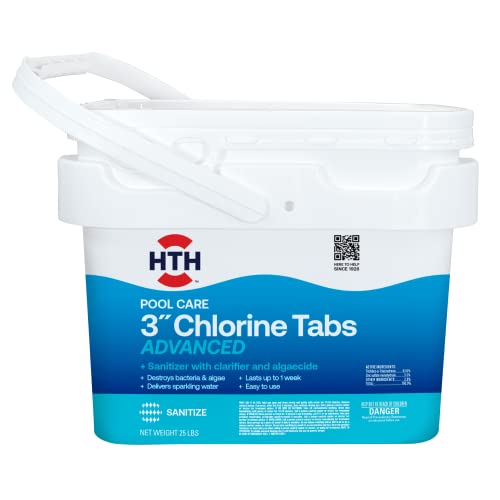 HTH 42055 Swimming Pool Care 3' Chlorine Tabs Advanced, Swimming Pool Chlorinating Sanitizer, 25lb
