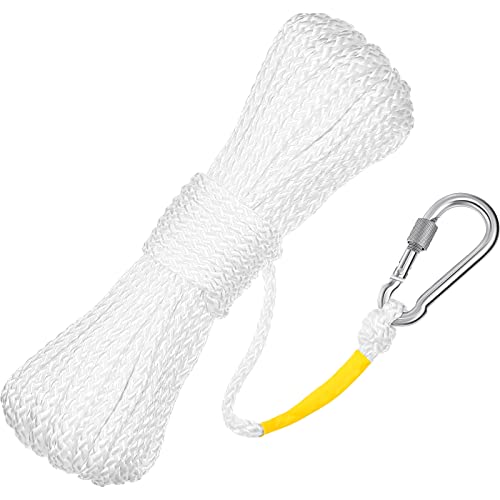Hollow Braided Polypropylene Line Rope Heaving Line with Spring Hook for Ring Buoy Pool Life Preserver Ring Rope Boat Anchor Rope (White,15 m/ 16.4 Yards)