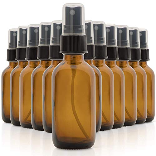 1790 2oz Glass Spray Bottles for Essential Oils, Small Empty Spray Bottle, Fine Mist Spray - Set of 12 Amber Bottles with Black Mister Tops