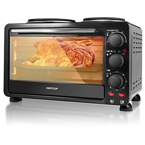 HAITOP Kitchen Convection Oven -1500 Watt Countertop Turbo 25 Quarts, Rotisserie Roaster Cooker with Grill, Griddle Top Rack, Dual Hot Plates, Toaster, Baking Tray, Skewers and Handles