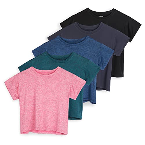 Real Essentials 5 Pack: Womens Crop Top High Waist Quick Dry Fit Active Wear Yoga Workout Athletic Running Gym Exercise Ladies Short Sleeve Crew Neck Moisture Wicking Tees T-Shirt Summer - Set 4, L