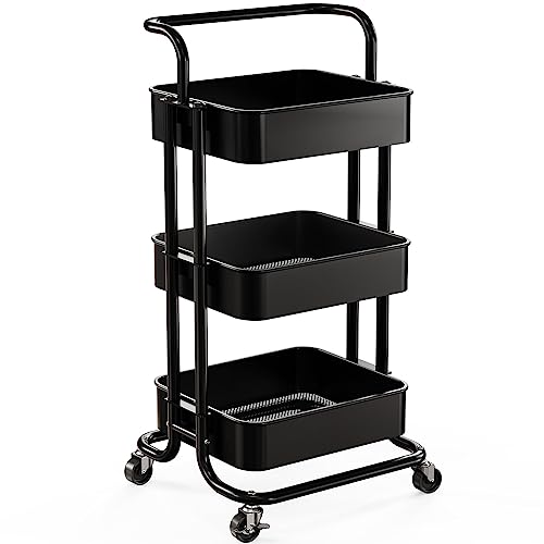 Pipishell 3 Tier Mesh Utility Cart, Rolling Metal Organization Cart with Handle and Lockable Wheels, Multifunctional Storage Shelves for Kitchen Living Room Office Black