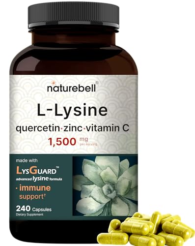 NatureBell L-Lysine 1,000mg Capsules + Quercetin 250mg with Vitamin C and Zinc, 240 Count | Free Form Amino Acids, L Lysine Complex | Immune Support, Lip & Skin Health Supplement