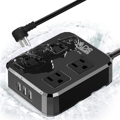 Outdoor Power Strip Weatherproof, Waterproof Surge Protector with 4 Wide Outlet with 3 USB Ports, 6FT Long Extension Cord,1875W Overload Protection，Outlet Extender for Christmas Lights UL Listed Black