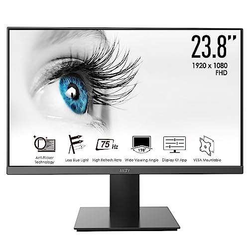 MSI Pro MP241X 24” Monitor, Full HD 1080p, 75Hz Refresh Rate, Anti-Glare Display, Less Blue Light, VESA Mountable, HDMI and VGA, Black