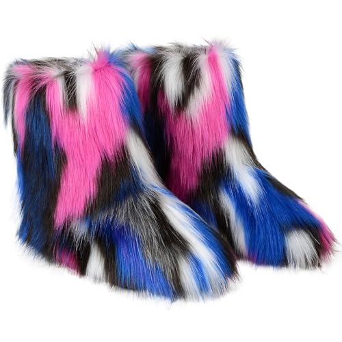 Valpeak Snow Boots for Women 2023 Furry Boots Winter Knee High Flat Heel Fluffy Faux Fur Boots(Rainbow,8)