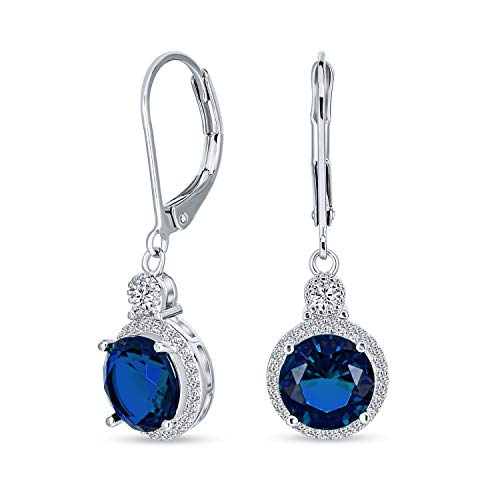 3.5CT Blue Round Solitaire Halo CZ Lever back Dangle Earrings Simulated Sapphire Cubic Zirconia Rhodium Plated Brass