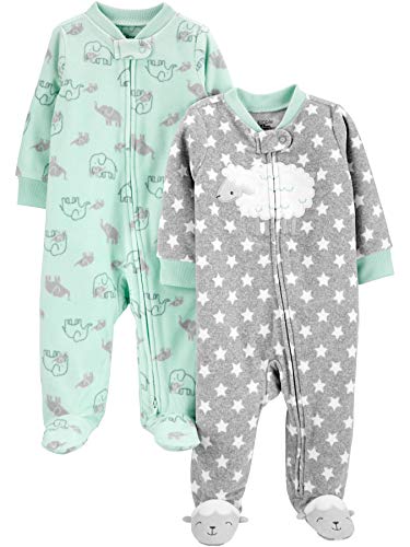 Simple Joys by Carter's Baby 2-Pack Neutral Fleece Footed Sleep and Play, Grey Stars/Mint Green Elephant, 0-3 Months