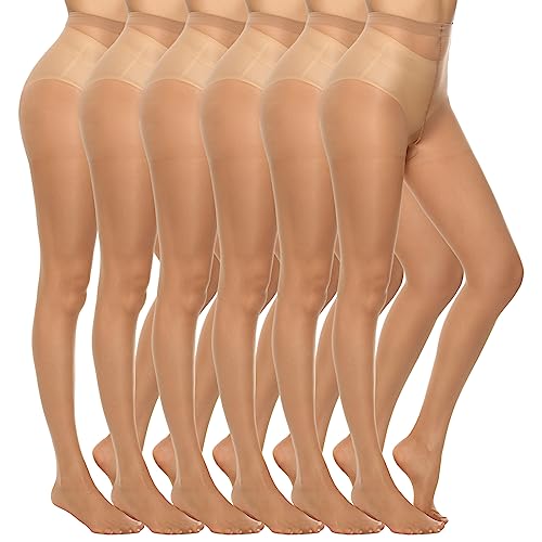 MANZI 6 Pairs Women's 20D Sheer Silky Pantyhose Run Resistant Nylon Tights High Waist Stockings with Control Top (6 Natural,S)