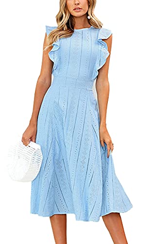 ECOWISH Womens Dresses Elegant Wedding Cocktail Ruffles Cap Sleeves Summer A-Line Midi Dress Blue Medium