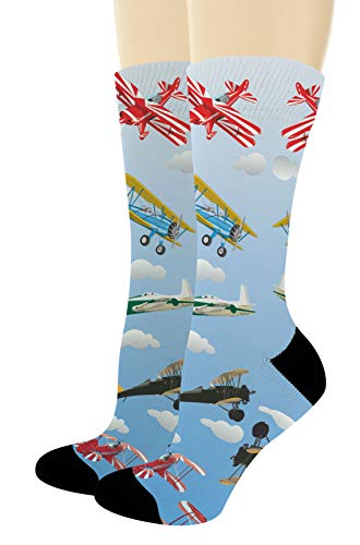 ThisWear New Pilot Gift Aviation Socks Bi-Plane Gifts for Plane Lovers Retro Socks 1-Pair Novelty Crew Socks