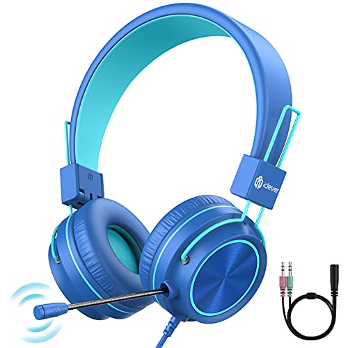 iClever HS21 Kids Headphones with Microphone for Virtual School- Rotatable Extendable Mic - 94 dB Volume-Safe Headphones for Kids, Wired Foldable Kids Gaming Headset for PS4/Xbox One/Switch/PC/Tablet