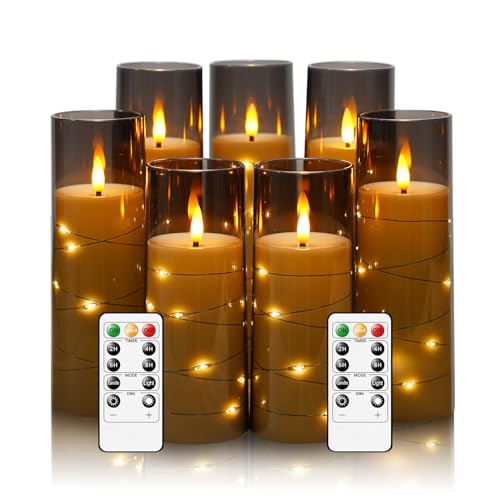 Eebuss Flameless Candles with Embedded Star String, Battery Operated LED Pillar Candles with Timer and Remote Control,Home Decorating for Ambiance， Set of 7 (D 2.3'×H 5' 5' 6' 6' 7' 7' 7')(Grey)