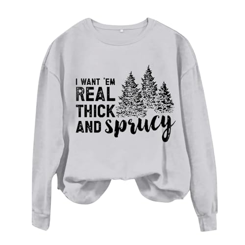 promo codes for today Christmas Shirts for Women I Want EM Real Thick And Spiacy Print Sweatshirt Crewneck Long Sleeve Christmas (Grey, M)