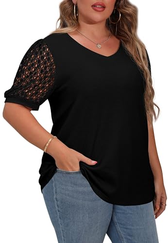 OLRIK Plus Size Tops for Women Summer Blouse Waffle Knit Short Lace Sleeve Shirts Black-3X