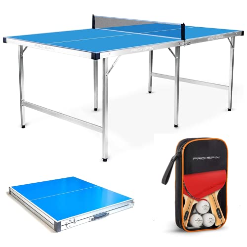 PRO-SPIN Midsize Ping Pong Table | Foldable | Complete Set with Premium Ping Pong Paddles & Balls | 100% Pre-Assembled | Portable Aluminum Table Tennis Table | Weatherproof Indoor/Outdoor Table Tennis
