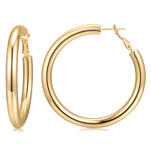 Chunky Gold Hoop Earrings 14K Gold Plated 925 Sterling Silver Post Thick Tube Hoops for Women And Girls(5-50Yellow)