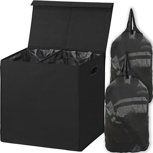 Simple Houseware Double Laundry Hamper with Lid and Removable Bags, Black