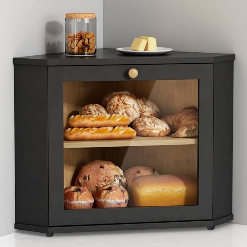 Goozii Corner Bread Box for Kitchen Countertop, Black Bread Storage Container for Homemade Bread, Two Layer Breadbox under Cabinet Mount, Large Bread Holder for Kitchen Counter, Panry Shelf