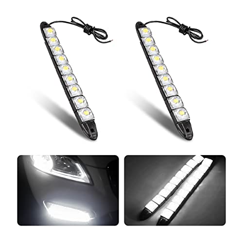 HIPOPY 2Pcs 9 LED Daytime Running Strip Lights DRL Kit, Flexible Bright Spot Fog Lamp, High Power Clearance Light, Auto Accessories Universal Fit Many Cars (White)