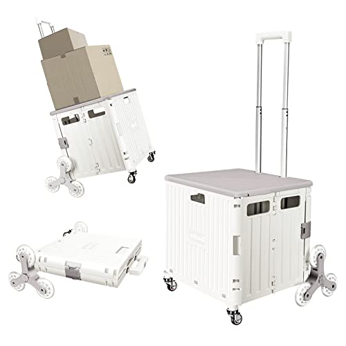 Honshine Foldable Cart with Stair Climbing Wheels, Collapsible Rolling Crate with Telescoping Handle, Handcart for Grocery Book File Tool Art Supplies(Milky White)