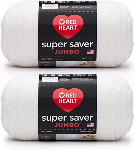 Red Heart Super Saver Jumbo White Yarn - 2 Pack of 396g/14oz - Acrylic - 4 Medium (Worsted) - 744 Yards - Knitting/Crochet