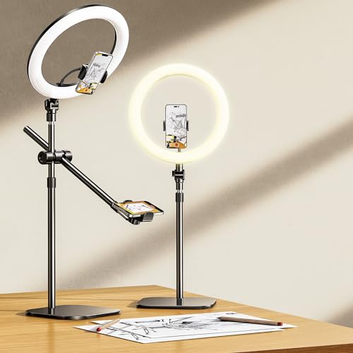 Overhead Phone Mount,Overhead Camera Mount Stand[Anti-Shaking] with 10.5' Ring Light,Desk Stand for iPhone with Ring Light for Video Recording,Zoom Meeting,YouTube,TikTok