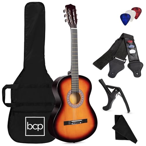 Best Choice Products 38in Beginner All Wood Acoustic Guitar Starter Kit w/Gig Bag, 6 Celluloid Picks, Nylon Strings, Capo, Cloth, Strap w/Pick Holder - Sunburst