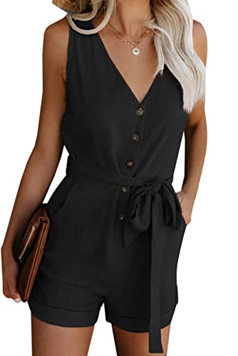 Acelitt Women Casual V Neck Sleeveless Button Down Belted Summer Short Jumpsuit Rompers Playsuit Short Pants with Pockets Black Large