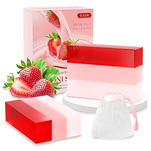 Yoni Soap Bars Feminine Wash 2 PCS, 100% Natural Organic Strawberry Yoni Bar Soap for Women Ph Balance Yoni Wash Eliminates Odor Ph Balance Yoni Care Soap with Foaming Net, Feminine Wash 5.29oz