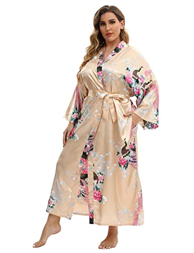 feslieacc Women's Plus Size Satin Robes Floral Long Silk Robes Floral Bridesmaid Robes Sleepwear, Champagne, 4XL/5XL