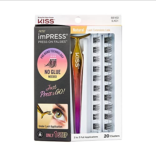 KISS imPRESS Falsies False Eyelashes, Lash Clusters, Natural', 12 mm, Includes 20 Clusters, 1 applicator, Contact Lens Friendly, Easy to Apply, Reusable Strip Lashes