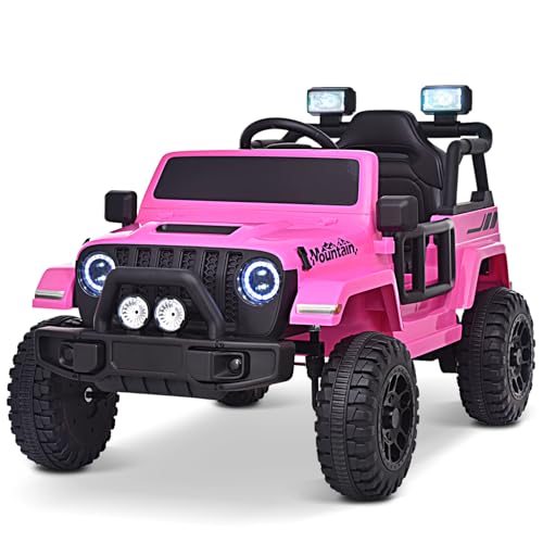 Joywhale 12V Kids Ride on Truck Battery Powered Motorized Car Electric Vehicle for Kids, with Remote Control, 4-Wheel Suspension, LED Lights, Music & FM, Seat Belt, Portable Handle, Pink