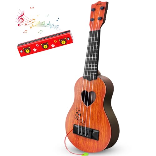 Kids Guitar Musical Toy Ukulele Classical Instrument(Brown),with Extra Harmonica 16 Holes