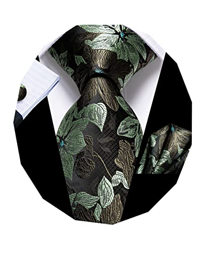 Dubulle Sage Green Floral Ties for Men Silk Mens Juniper Green Necktie Pocket Square Cufflinks Wedding Green Set Gift