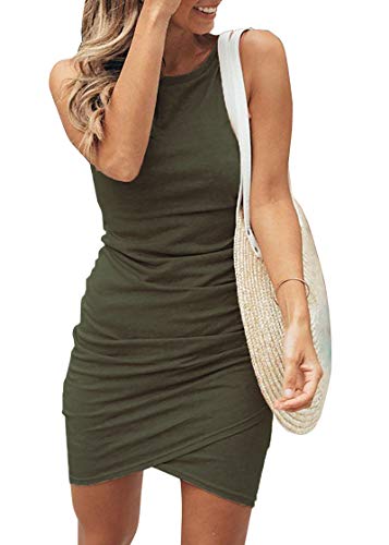 BTFBM Women 2024 Summer Sleeveless Tank Dresses Crew Neck Slim Fit Short Casual Ruched Bodycon Party Club Mini Dress(Dark Green 2, Small)