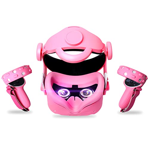 Barbie Pink 6 in 1 Set Head Strap for Oculus Quest 2 Accessories,MODJUEGO Adjustable Forehead Strap with Silicone Touch Controller Grip Cover, VR Face Cover and VR Shell Protector Cover Replacement