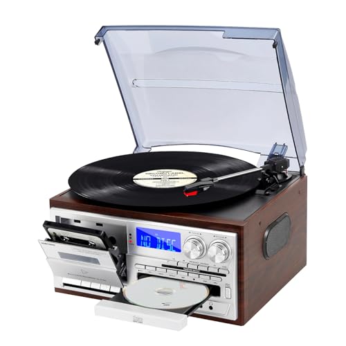 MUSITREND Record Player 9 in 1 3 Speed Bluetooth Vintage Turntable CD Cassette Vinyl Player AM/FM Radio USB/SD Encoding Aux-in RCA Line-Out (Silver)