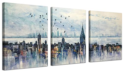 Arjun Cityscape Wall Art New York Skyline Buildings Picture Modern Abstract Grey Manhattan City View Birds Sky Painting Framed Artwork for Bedroom Living Room Bathroom Home Office Wall Decor 12'x16'x3