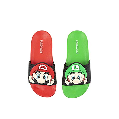 Super Mario Nintendo Sandals, Mario and Luigi Mismatch Slide Sandal,Boys Size 1 to 2 (1-2) Red Green