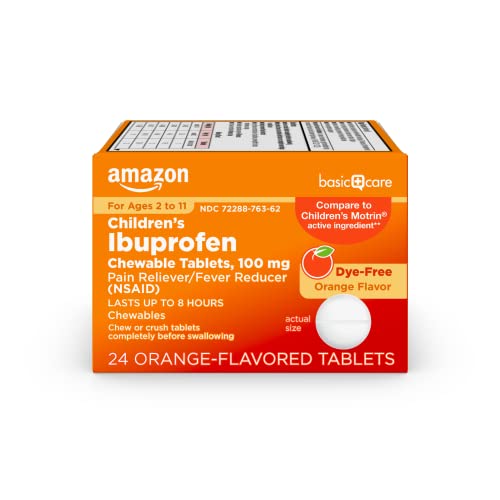 Amazon Basic Care Children’s Ibuprofen Chewable Tablets, 100 mg, Orange Flavor, Pain Reliever and Fever Reducer, For Minor Aches and Pains, Sore Throat, Headache Relief and More, 24 Count