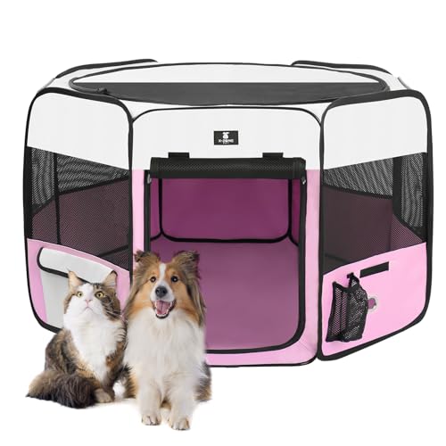 X-ZONE PET Dog Playpen Portable Pet Play Pens for Puppies, Cat, Rabbit, Chicks, Foldable Exercise Play Tent Kennel Crate, Indoor/Outdoor Travel Camping Pink Small