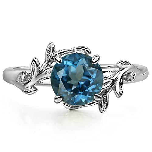 LUO Round Shaped 1.68 CT London Blue Topaz Ring Branch Statement Ring 925 Sterling Silver December Birthstone Ring for Women US Size 9