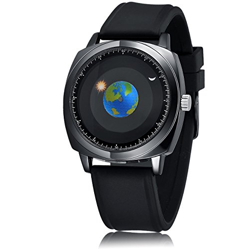 MINILUJIA 50M Waterproof Men World Map Watches Classic Earth Globe Moon Sun Rotating Eye-catching Cool Unique Mens Watches with Gift Box