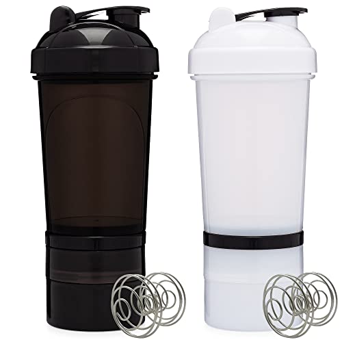 GOMOYO [2 Pack] 20 oz Shaker Bottle with Attachable Storage Compartments | 20 Ounce Protein Shaker Cup with Wire Mixing Agitator