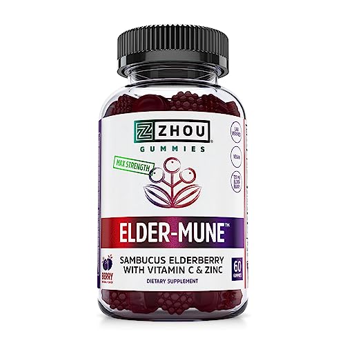 Zhou Nutrition Elder-Mune Sambucus Elderberry Gummies with Zinc and Vitamin C for Kids & Adults (Age 4+) Immune Support with Antioxidants, Vegan, Gluten Free, Non-GMO, 30 Servings, 60 Gummies