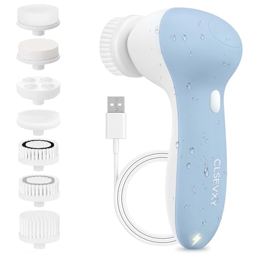Rechargeable Facial Cleansing Spin Brush Set with 7 Exfoliating Brush Heads - Complete Face Spa System by CLSEVXY - Advanced Microdermabrasion for Gentle Exfoliation and Deep Scrubbing
